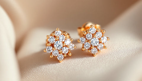 Gold cluster earrings with grouped small stones displayed on a neutral surface
