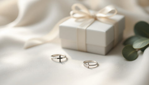Sterling silver cross ring and stud earrings arranged with a small white gift box for a confirmation gift