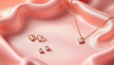 Assortment of heart-shaped gold jewelry styled as Valentine's Day gift ideas