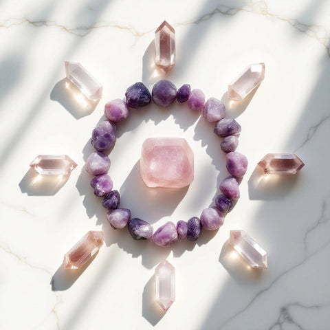 Crystal grid how-to — amethyst and clear quartz geometric crystal arrangement