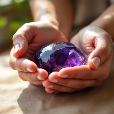 How to meditate with crystals — holding amethyst during meditation, crystal jewelry meditation practice