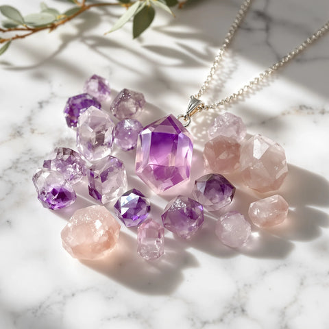 Best crystals for healing — clear quartz, amethyst and rose quartz on white marble