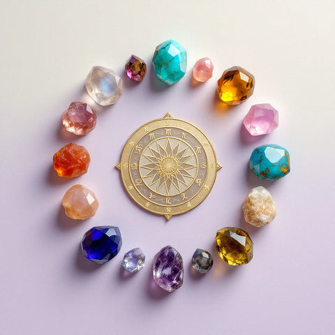 Twelve zodiac crystals arranged in a circle around astrological symbols on a soft neutral background