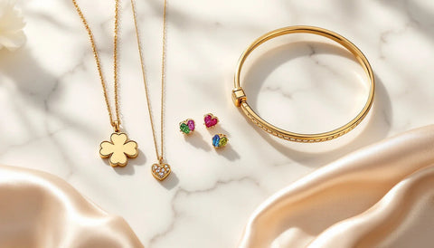 Assortment of gold jewelry including a clover pendant necklace, a bangle bracelet, a heart necklace, and stud earrings, designer-inspired dupe jewelry collection
