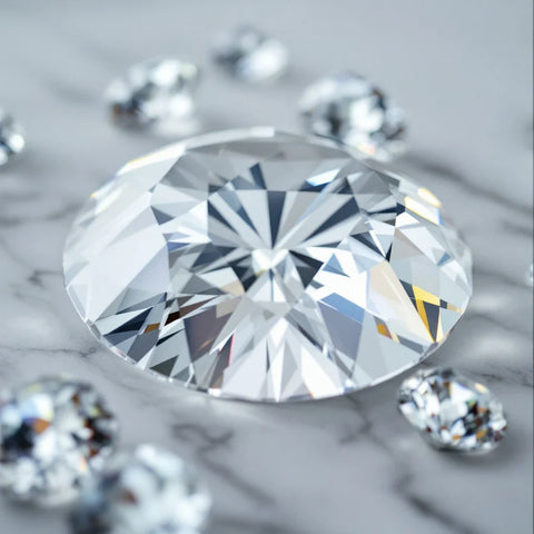 Diamond crystal gemstone with brilliant cut facets reflecting light on white marble surface