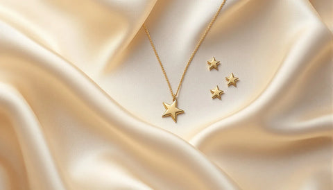 Delicate gold star pendant necklace and star stud earrings styled as an affordable Dior-inspired celestial jewelry look