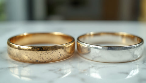 Close-up comparison of a tarnished, worn fashion-jewelry bracelet next to a bright, untarnished silver bracelet
