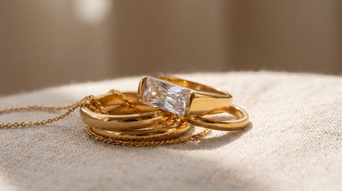 Layered gold-tone jewelry rings and chain that can show tarnish over time