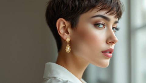 Woman with a short pixie haircut wearing a gold drop earring, centered close-up styling photography