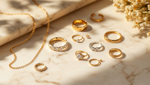 Layered sterling silver and gold-plated jewelry pieces arranged on a neutral marble surface