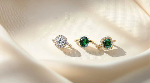 Four engagement ring alternatives compared: moissanite, lab diamond, colored gemstone, and vintage ring styles