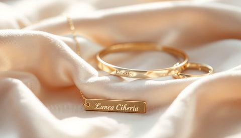 A collection of engraved jewelry for women including a necklace, bracelet, and ring