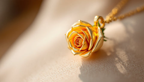 Close-up of a gold-dipped rose pendant necklace resting on linen fabric