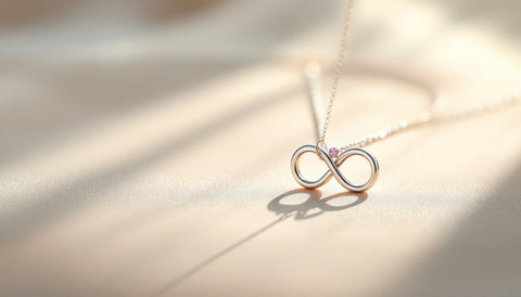 Silver infinity symbol necklace with a pink gemstone accent, close-up product photo