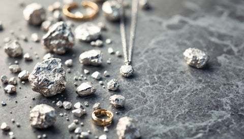 Recycled silver jewelry pieces arranged on a stone surface representing ethically sourced jewelry