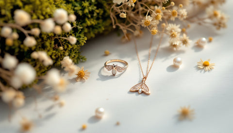 Flatlay of fairycore jewelry with mushroom and moth motifs on moss and dried flowers