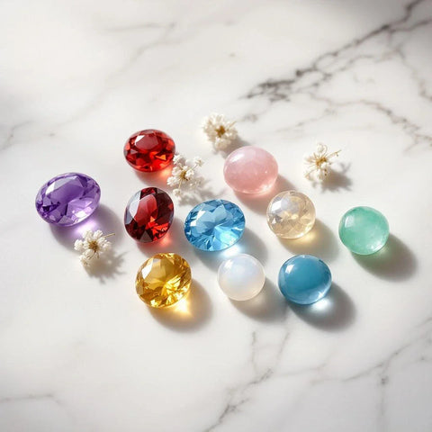 Eight gemstones flat-lay on marble — amethyst, rose quartz, garnet, aquamarine, moonstone, citrine, turquoise, jade meanings guide