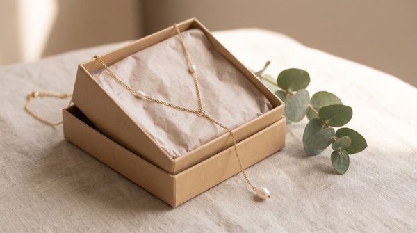 Gold chain pearl necklace laid across a small open gift box with tissue and a eucalyptus sprig