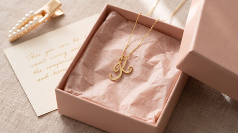 Personalized heart initial necklace styled in an open gift box for a bridesmaid gift