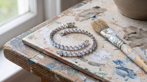 Rainbow moonstone tennis bracelet styled as a gift for a creative person