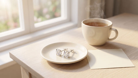 Pair of round stud earrings on a small ceramic dish beside a cup of tea and a blank note card by a sunlit window