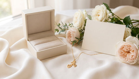 Gold script initial necklace on ivory silk beside an open plain jewelry box, white garden roses and a blank cream card