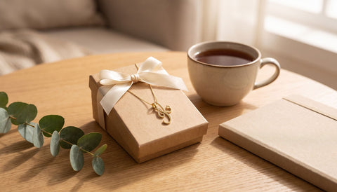 Gold script initial pendant necklace on a small kraft gift box with a cream ribbon beside a cup of tea, a notebook and a sprig of eucalyptus