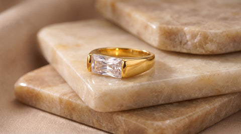 18K gold-plated tarnish-resistant ring on sterling silver band in soft studio light