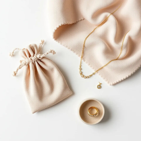 Gold jewelry care essentials including soft cloth and storage pouch
