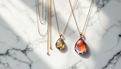 Minimalist layered gold necklaces next to a bold statement stone pendant necklace, representing two jewelry brand styles