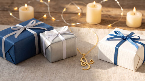 Gold heart initial pendant necklace styled beside wrapped holiday gift boxes