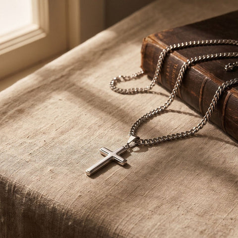 Silver cross necklace on linen beside a worn leather-bound book in window light