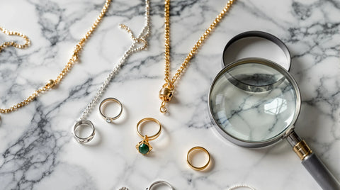 Jewelry hallmarks guide — flat lay of fine jewelry with hallmark stamps