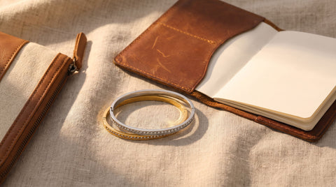 Gold CZ bangle bracelet styled as a honeymoon gift