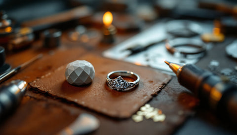A jeweler's workbench with a wax ring model beside its cast metal counterpart and hand tools, showing the jewelry making process