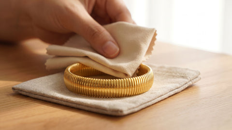 Hand gently cleaning a gold bangle bracelet with a soft polishing cloth