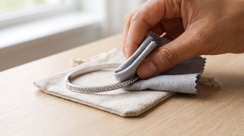 Hand gently cleaning a silver-tone crystal bangle bracelet with a soft polishing cloth