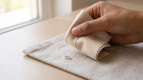 Hand gently cleaning a sterling silver charm necklace with a soft polishing cloth