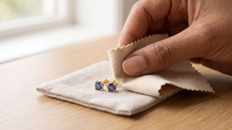 Hand gently cleaning gold-plated stud earrings with a soft polishing cloth