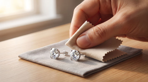 Hand gently cleaning faceted crystal stud earrings with a soft polishing cloth