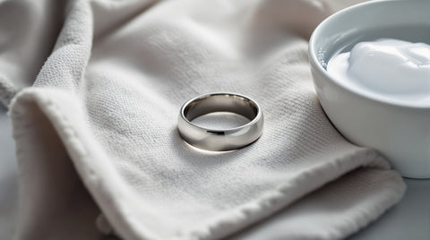 Titanium ring resting on a soft cleaning cloth next to a bowl of soapy water