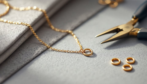 A fine gold necklace chain with an open jump ring beside needle-nose pliers and spare jump rings on a grey felt mat
