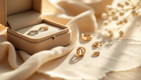 Silver and gold-toned jewelry resting on a polishing cloth next to a lined jewelry box