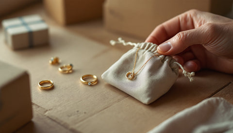 Small delicate sterling silver and gold-plated jewelry being packed into a soft pouch with moving boxes blurred in the background