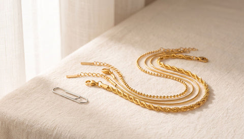 Gold chain bracelets with lobster clasps laid on cream linen beside a straightened paper clip