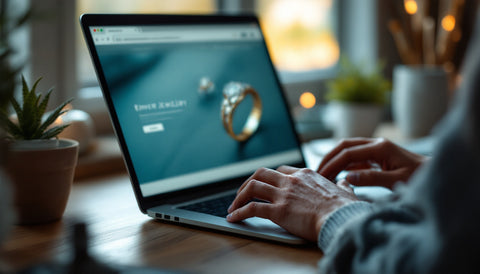 A person checking an online jewelry store's product page and policies on a laptop