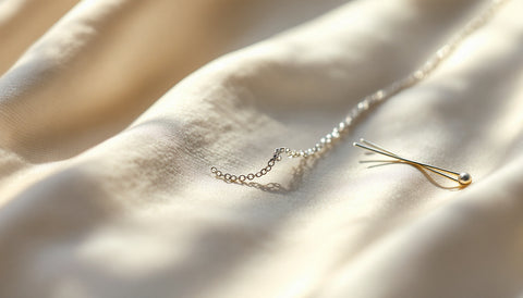 Delicate sterling silver necklace chain with a small tangle being untangled with two fine pins