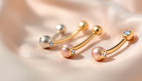 Assortment of hypoallergenic titanium and gold belly button jewelry barbells arranged on a neutral background