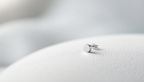 Small flat titanium screw-back stud earring on a soft neutral surface