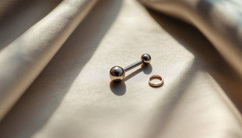 Titanium navel barbell and nickel-free sterling silver jewelry pieces on a neutral surface